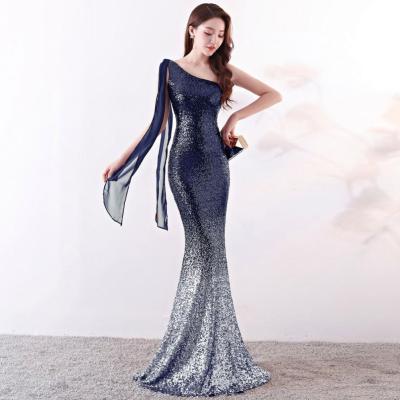 China New Breathable Slash Neck Ribbon Decoration On Sleeve Dress Gradient Sequin Fishtail Banquet Equalizing Long Korean Prom Dresses for sale