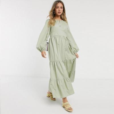 China Breathable Cotton Poplin Maxi Dress With Long Sleeves Vintage Tiered Dresses for sale