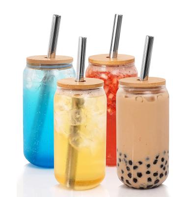 China Reusable Beer Can Glass With Lids And Bamboo Straw Iced Coffee Mug Can Shaped Glass Cup for sale