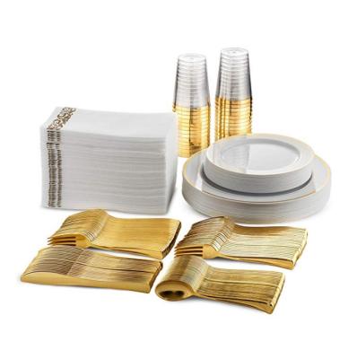 China Wholesale 175pcs Novelty Set Plastic Cups Round Dinner Salad Bowls Disposable Gold Dinnerware Set for sale