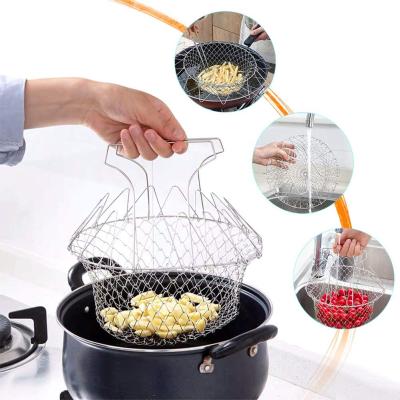 China Sustainable Multifunctional Foldable Stainless Steel Fryer Basket Flexible Collapsible Strainer Basket for sale