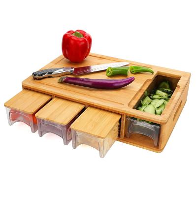 China Sustainable Easy-Handle Handles Food Sliding Opening Carving Board With Trays For Food Storage Bamboo Cutting Board With 4 Containers for sale