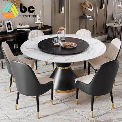 China Modern Convertible Light Luxury Furniture Black Marble Metal Base Modern Dining Room Top Rotating Round Dining Table With Chairs for sale