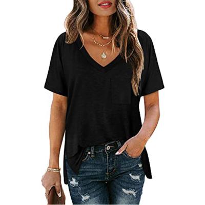 China Hot Cheap Women Loose Casual V-Neckline Anti-wrinkle Fashion Sale Oversize T-shirt With Pocket for sale