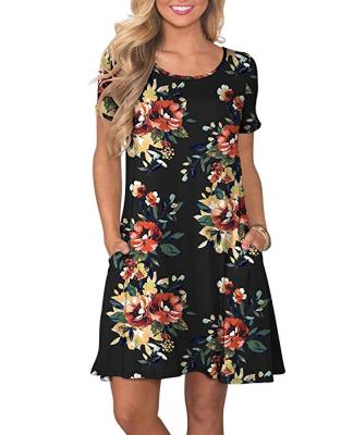 China Fashion Breathable Printing O-neck Floral Short Women Short Sleeves Dress With Pockets Middle Skirt for sale