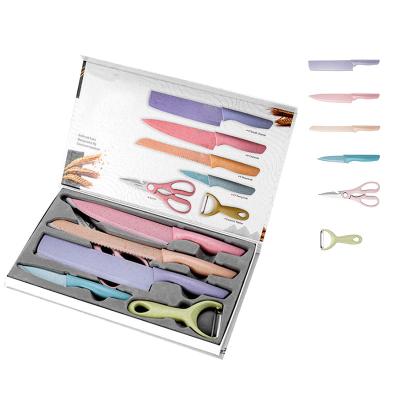 China Viable high quality color box knife set six-piece color knife set gift box straw handle he kitchen knife set for sale