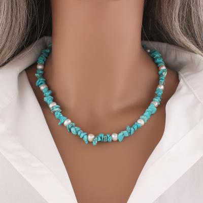 China All-match Others Retro Design Turquoise Bohemian Women's Short Necklace Natural Freshwater Pearl Necklace Wholesale for sale