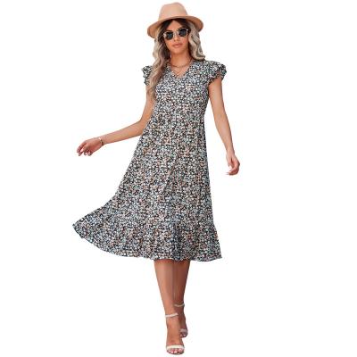 China Factory direct sale V-neck floral dress breathable comfortable breathable printed dress for women for sale