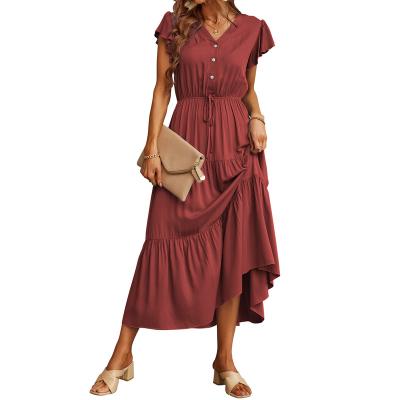 China High Quality Breathable V Neck Ruffle Sleeve Dress Solid Color Breathable Long Sleeve Dress For Women for sale