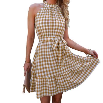 China High Neck Breathable Sleeveless Dress Halter Promotion Low Waist Plaid Belt Dress For Women for sale