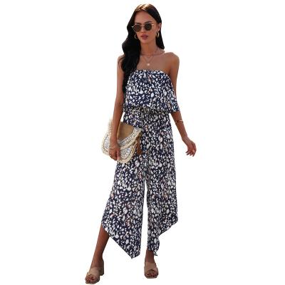 China 2022 Breathable Stylish Printed Sleeveless Wide Leg Pants Off The Shoulder Overalls For Women for sale