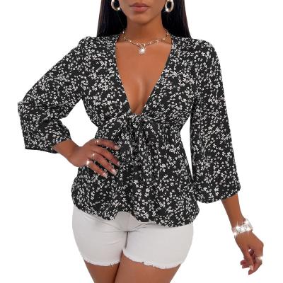 China 2022 Breathable New Comfortable Breathable V-Neck Floral Nine Point Sleeve Chiffon Shirt For Women for sale