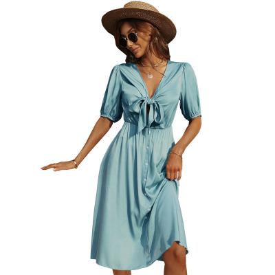 China Hot Selling Breasted V-Neck Single Dress Breathable Long Shirt Dress Comfortable Breathable Dress For Women for sale