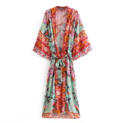 China Peacock Bat Print Peacock Bat Print Kimono Beach Maxi Dress Summer Bohemian Ladies Anti-Static Anti-Static V-Neck Long Maxi Dress Boho Vestidos for sale