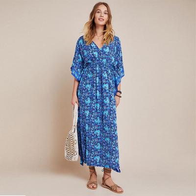 China Marley Breathable Bohemian Style Kaftan Floral Print Maxi Dress Loose Fit Cotton Boho Kaftan Women Blue Casual Outfits for sale