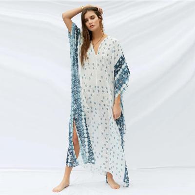 China Plus size plus size 2022 Summer style V-neckline long Bohemian floral print beach kimono Cover-UPS women dress for sale