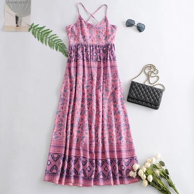 China New Women's Summer Dress Lady Bohemian Holiday Style Rayon Cotton Floral Print O-Neck Casual Dress Breathable Slip Long Spaghetti Strap Dress for sale