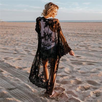 China Plus Size Plus Size Fashion Women's Floral Mesh Lace Loose Fit Embroidery Kimonos White Flare Sleeve Cardigan Cover Up Lace Kimonos for sale