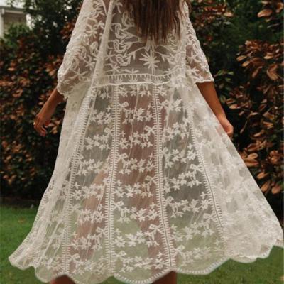 China OEM Plus Size Plus Size Colors Flare Floral Fashion Mesh Cover Up Sleeve Kimono Women Lace Up Embroidery Midi Blouse Loose Cardigan for sale