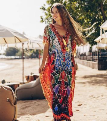 China Bohemian Plus Size Plus Size Women's Digital Printed Kaftan Summer Swim Beach Cover Up Long Resortwear Dress Beach Wear Kaftans for sale