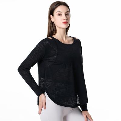 China Breathable Hot Sale Design 130GSM New Super Slim Jacquard See Through GYM Irregular Thumb Hole Sexy Oversized Long Sleeve Crossover Top for sale