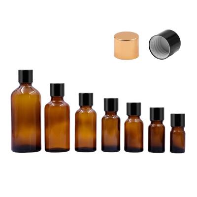 China 5ml 10ml 15ml 20ml 30ml 50ml 100ml Medicine Liquid Glass Cosmetic Amber Bottles With Black Metal Cap for sale