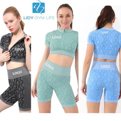 China Women's Breathable Fitness Training Yoga Suits Convenient Zipper Short Sleeve Tops Butt-Raise High-waisted Shorts Yoga Suits for sale