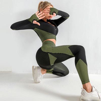 China Lidy Seamless Yoga Wear Set Breathable Zipper- Long Sleeve Crop Top And High Waist Leggings Set Sporty Jacquard Workout Gym Clothing for sale