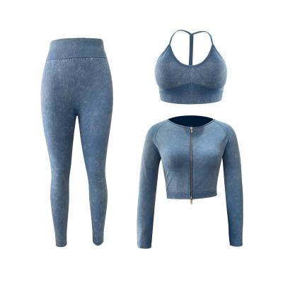 China Breathable Sports Bra Workout Woman Fitness Gym Set Tops Fashion Lady Elastic Long Sleeve Ribbed Waist Tights Recycled Yoga Wear 3PCS for sale