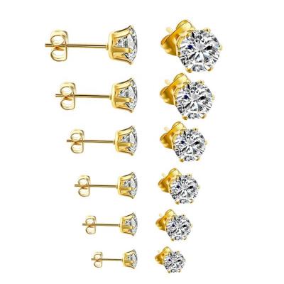 China TRENDY 6 Pairs Of 3mm-8mm Stainless Steel Gold Plated Six Claw Zirconia Ear Stud Set Girls Earrings Jewelry for sale