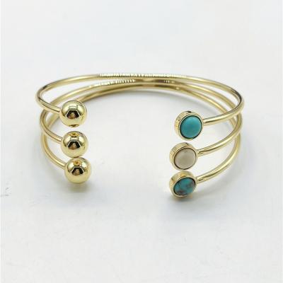 China TRENDY Easy maintenance Triple line ball turquoise stone cuff open bracelet for sale