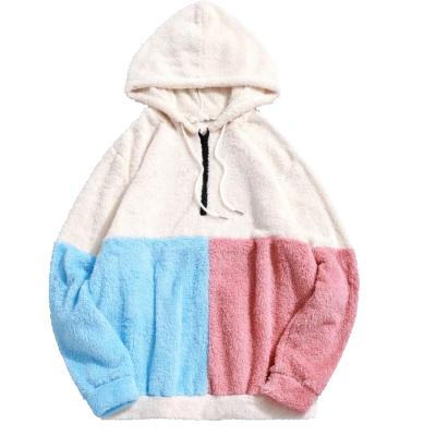 China Anti-Wrinkle Hoodie Manufacturer Custom Men Color Block Wool Cashmere Hoodies Design Half Splice Shirt Fuzzy Fleece Zipper Pullover Hoodies for sale