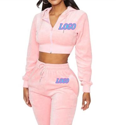 China Custom two piece plus size women tracksuit velor hoodies sweatsuit set crop tops hoodies jogging sweatsuit for sale