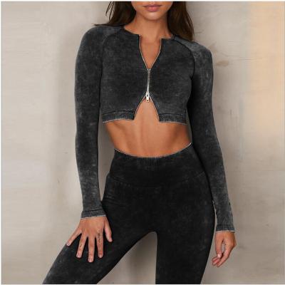 China Gymonna Breathable Workout Sets Women 2 Piece Seamless Long Sleeve Crop Tops High Waist Leggings Zipper Set for sale