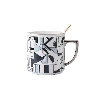 China Viable European Style Geometric Pattern Coffee Mugs With Lids And Spoon Painted Gold Mugs for sale