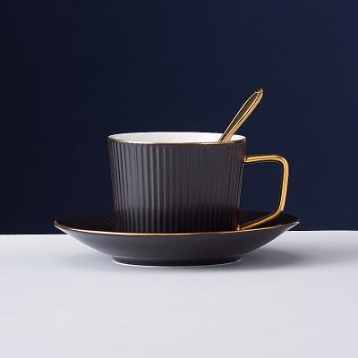 China Amazon Stripes Retro Teacup Latte Viable Hot Selling Coffee Cup Set Black Vertical Stripes Cup And Saucer for sale