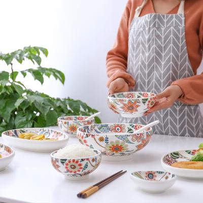 China Sustainable Kitchen Bowls Set Porcelain Ceramic Dishes And Dishes Restaurant Flower Pattern Dinnerware Set for sale