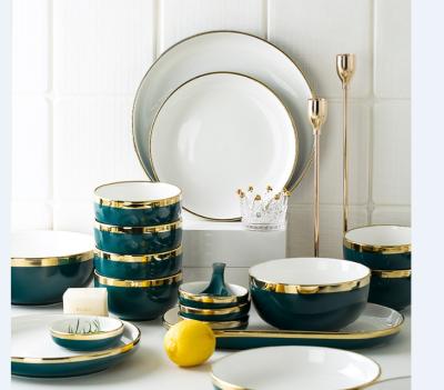 China Sustainable Hot Sale Green With White Ceramic Gold Rimd Porcelain Kitchenware Dinnerware Dishes And Bowls Sets for sale