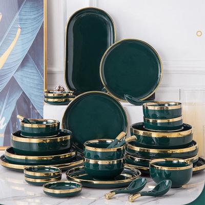 China Sustainable Wholesale Luxury Wedding Green Porcelain Dinnerware Sets Dinner Dishes AMG Bowls Ceramic Dinnerware With Gold Rim for sale