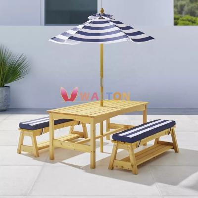 China Modern Kids Outdoor Wooden Table and Bench Set with Cushions and Umbrella Kids Backyard Furniture Solid Wood Table and Chair Set for sale