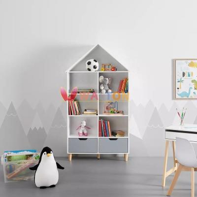 China Modern Kids Open Shelf Bookshelf Floor Standing Bookcase Kids Book Organizer with 7 Storage Spaces and 2 Drawer Bedroom Shaped Shelf for sale