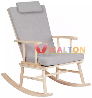 China Modern relax rocking chair made of rubber wood with adjustable headrest indoor outdoor rocker cushions seat nursing rocking chair for sale