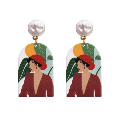 China 2021 CLASSIC Retro Style Painted Acrylic Earrings Pearl Resin Character Pastoral Abstract Printing for sale