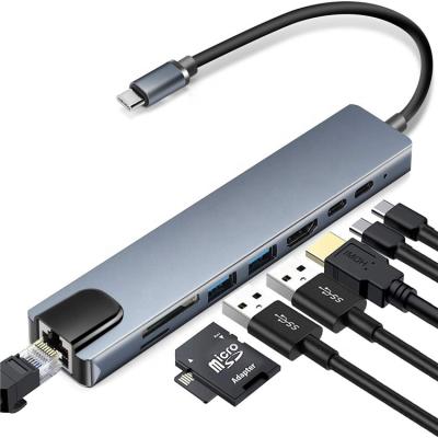 China Type C Server USB C 8-in-1 Hub with Ethernet Port, One 4K HDTV, 2 USB 3.0 Ports, 100W Power Supply Charging for sale