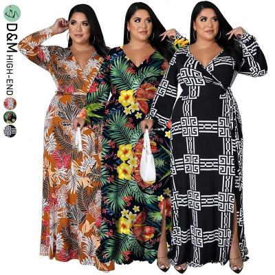 China Plus Size D&M Summer Floral Printed Pleated Dress Vestidos Half Sleeve Ladies Wrap Long Fat Women Clothing Casual Plus Size Women Dresses for sale