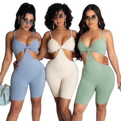 China Women Playsuits Streetwear Workout Rompers 2022 Strap Skinny Casual Active Wear Shorts Ribbed Cut Viable One Piece Outfit for sale