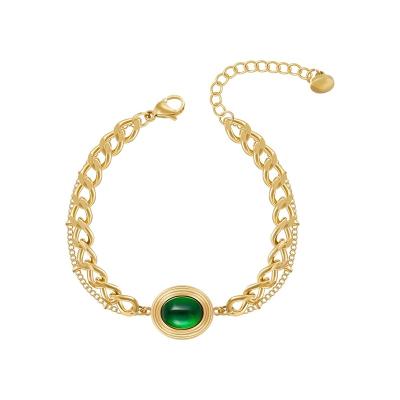 China Newest FASHIONABLE GreenGlass Cuban Chain Oval Stone Pendant 18K Gold Plated Stainless Steel Jewelry For Women Accessories Bracelet B232353 for sale