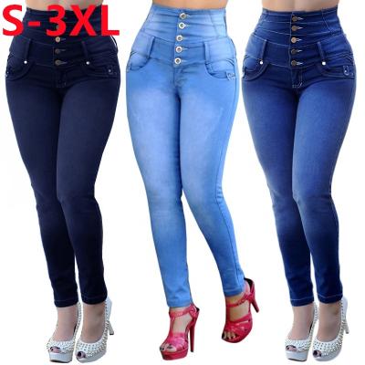 China 2022 Customized Viable News Denim Fashion Pencil Pants High Waist Solid Color Button Ladies Tight Stretch Women's Casual Jeans for sale