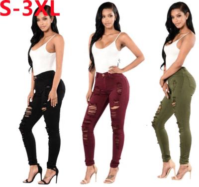 China Latest Design Viable Wholesale Jeans Women For Women Fashion High Waist Stretch Viable Ripped Skinny Solid Color Denim Pants for sale