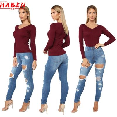 China Trend Viable Women's Fashion Hole Slim Jeans Ripped To Stretch Jeans Skinny Comfortable Ladies Waist Casual Pencil Pants High Top For Women for sale